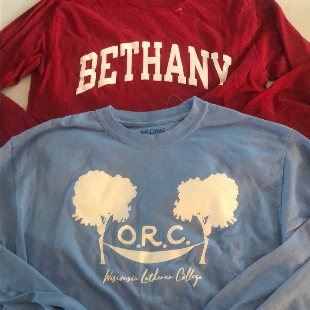 Long sleeve tshirts
Red Bethany shirt small
Blue ORC Wisconsin Lutheran college